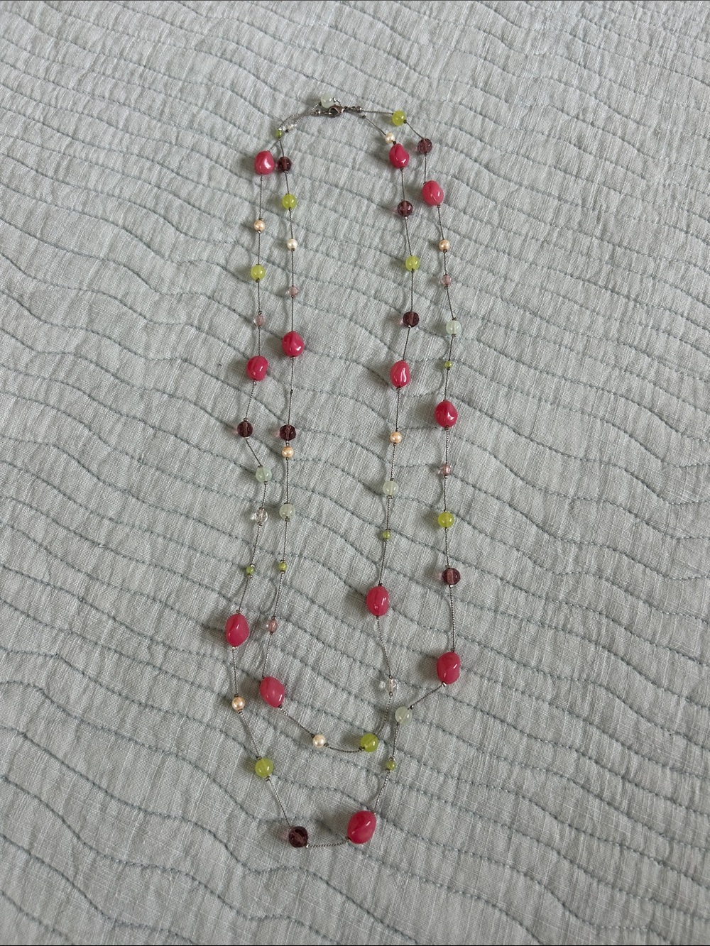 Multi-Strand Pink Bead Necklace with Green and Silver Accents